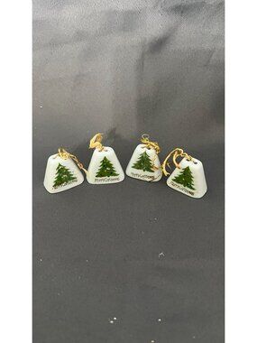 Set Of 4 Ceramic Christmas Tree Bell Ornaments With Gold String
